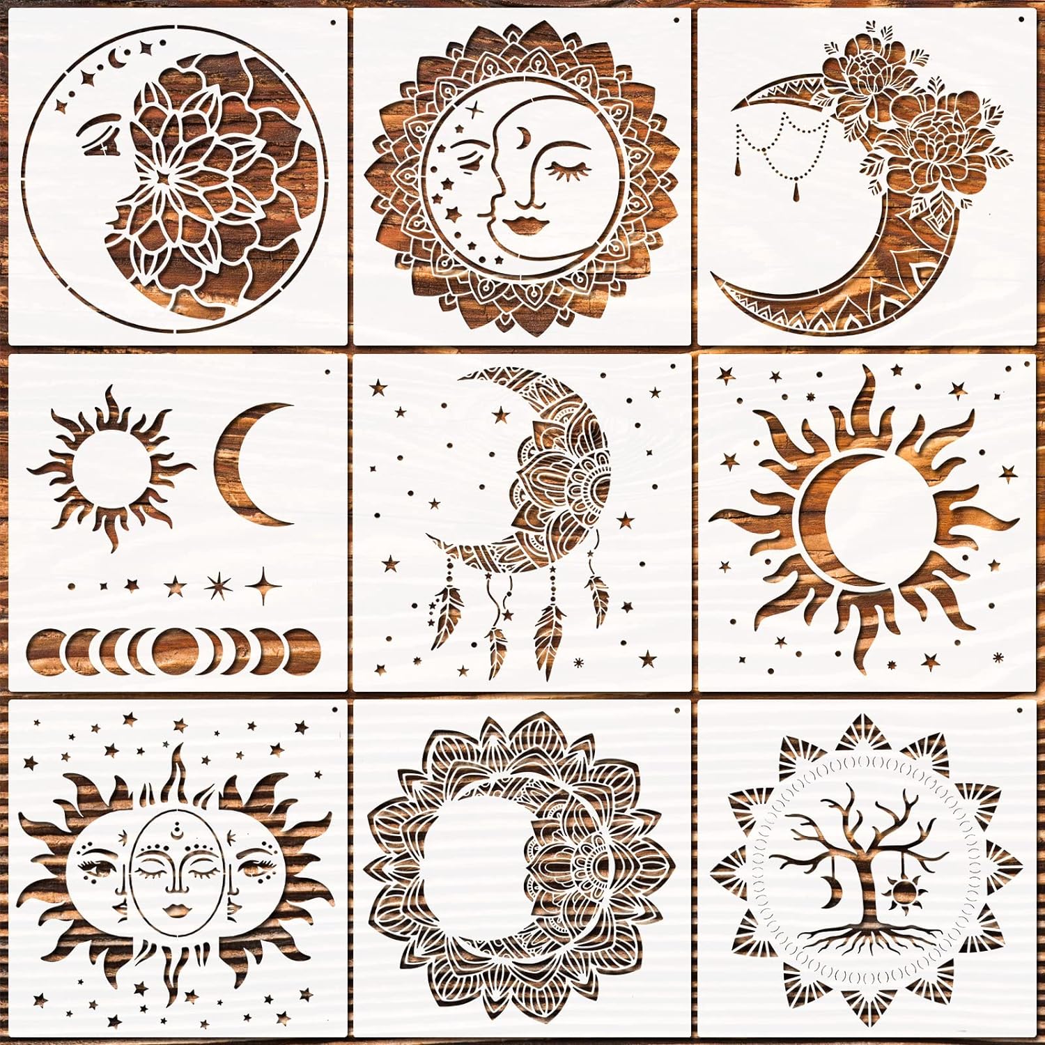 9 Pieces Mandala Sun and Moon Stencil Flower Star Stencils Reusable Painting Templates with Metal Open Ring for DIY Scrapbooks on Wood Wall Home Decor Supply