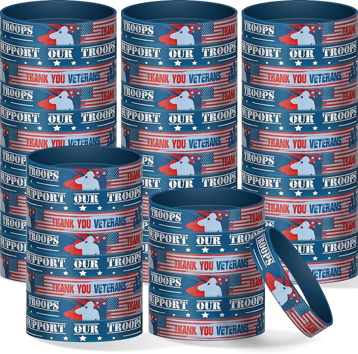 80 Pcs Veterans Wristband Bracelets Rubber American Flag Bracelets Bulk Support Our Troop Military Silicone Wristband for Men Women Veteran Memorial Day Army Sport Fan Accessories Gift Party Supplies