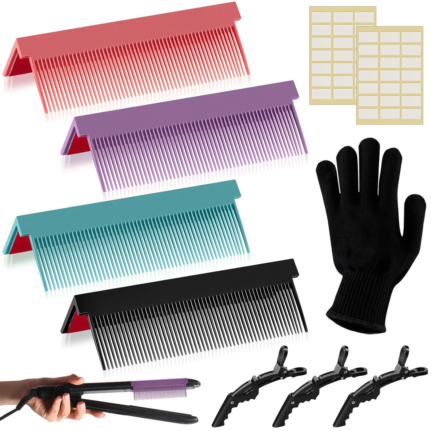 Zubebe 4 Pieces Barber Hair Straightening Comb Attachment with 3 Crocodile Clips, 1 Anti Slip Glove, 10 Adhesive Glues Hair Flat Comb Attachment Set for Women Hair Styling