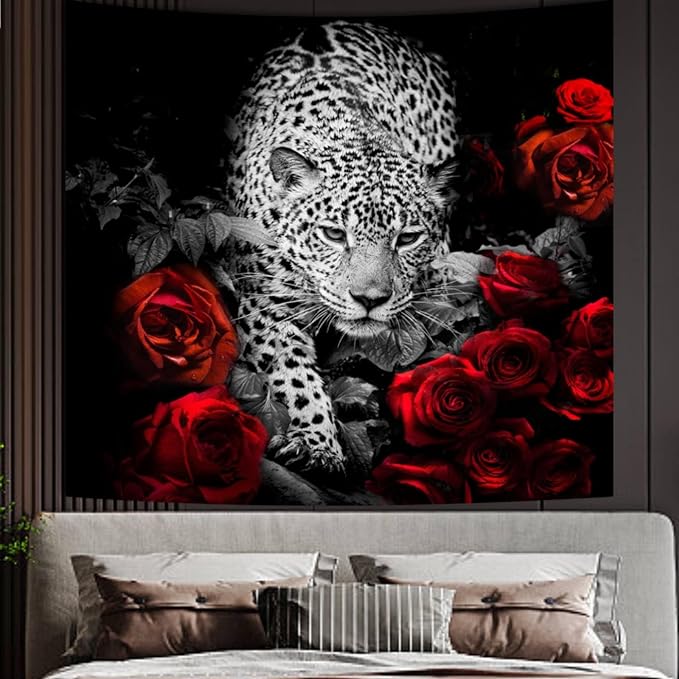 Cheetah Wall Decor Tapestry for Men Guys Bedroom, Cool Animal Wildlife Art Print Poster Tapestries, Funny Red Rose Flower Leopard Black Wall Hanging for Living Room Dorm Aesthetic Decor 