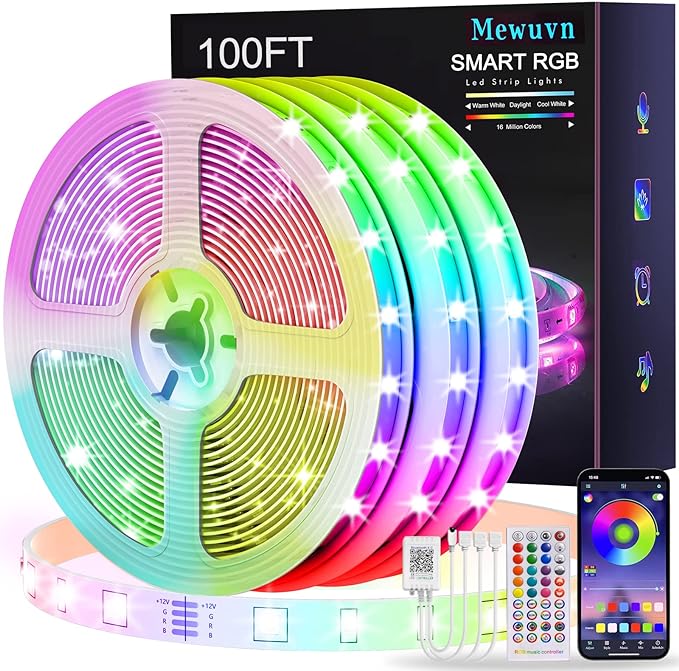 Mewuvn 100ft Led Strip Lights, Music Sync Color Changing Led Lights for Bedroom, (3 Rolls of 33.3ft) 5050 SMD RGB Led Light Strips with App Remote Control Led Lights for Party, Home Decoration