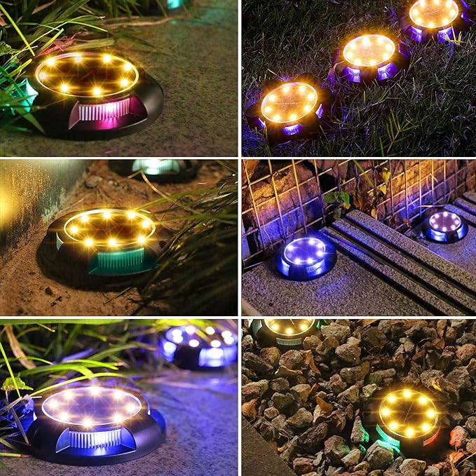 Solar Ground Lights, 4 Pack Waterproof Solar Garden Lights with 8 Warm Lights 4 Colors Side Lights Upgraded Outdoor Garden Waterproof Bright in-Ground Lights, Landscape Lights for Pathway,Yard,Lawn