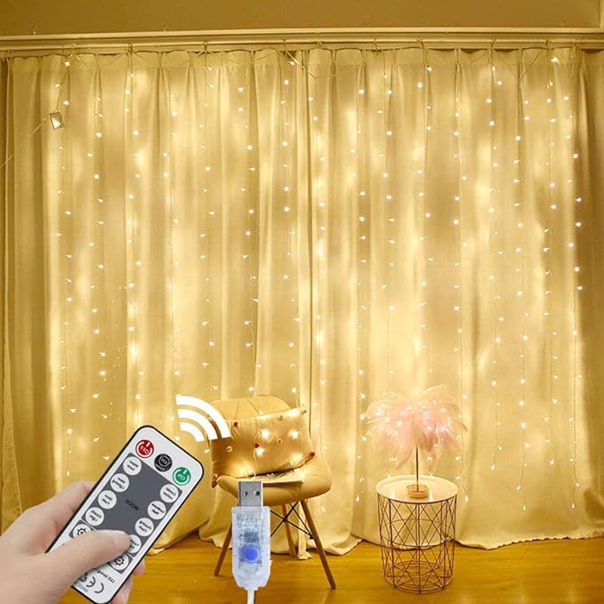 String Lights Curtain,8 Modes Waterproof Copper Wire Curtain Lights with Remote Control, USB Fairy Lights Plug In Perfect for Wedding Bedroom Party Christmas Decorations,(Warm White,7.9Ft x 5.9Ft)