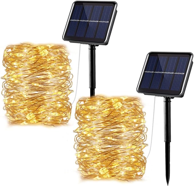 YEOLEH Outdoor Solar Lights String, 2 Pack Each 33FT 100 LED Waterproof Solar Powered Fairy Decorative Lights with 8 Lighting Modes for Porch Balcony Patio Camping Wedding (Warm White)