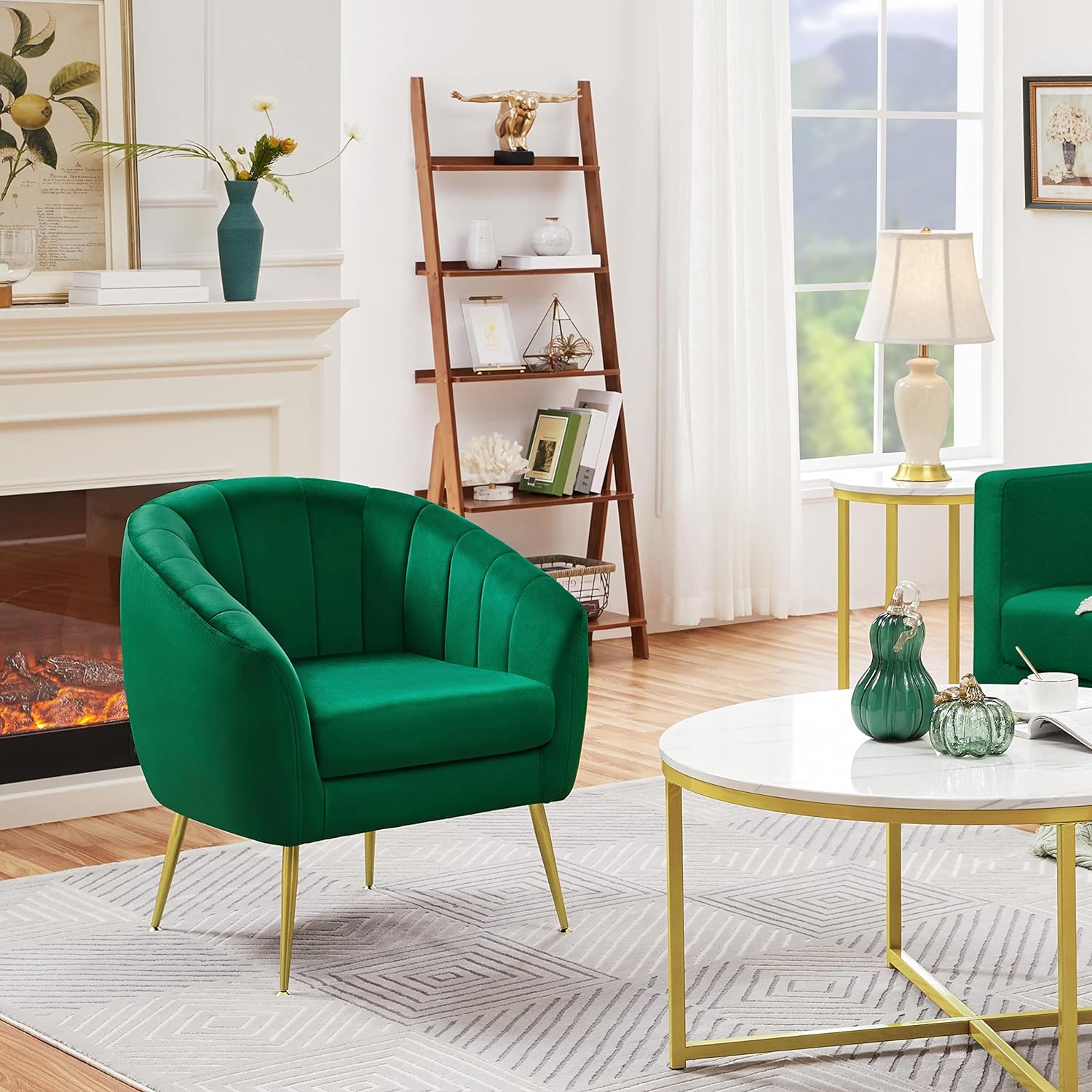 Yaheetech Velvet Accent Chair, Modern and Cozy Sofa Chair with Gold Metal Legs, Tufted Accent Armchair for Living Room/Bedroom/Office/Guest Room, Green