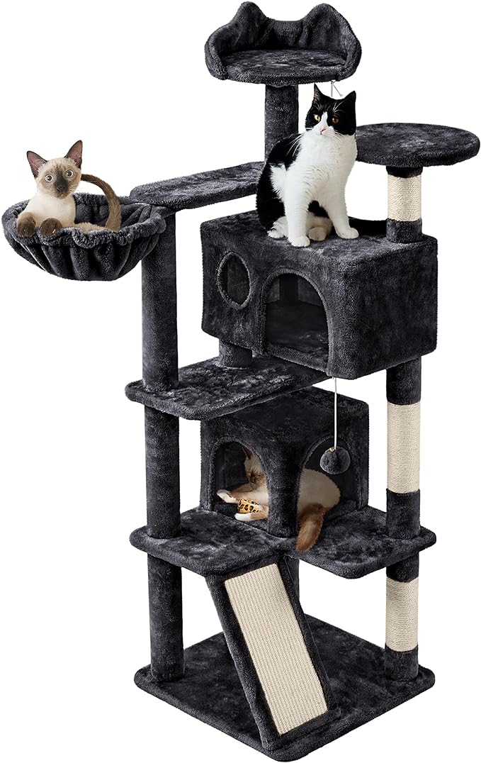 Yaheetech Cat Tree, 57 inches Cat Tower with Double Condo, Scratching Board and Basket, Cat Furniture for Indoor Cats Kitten- Black