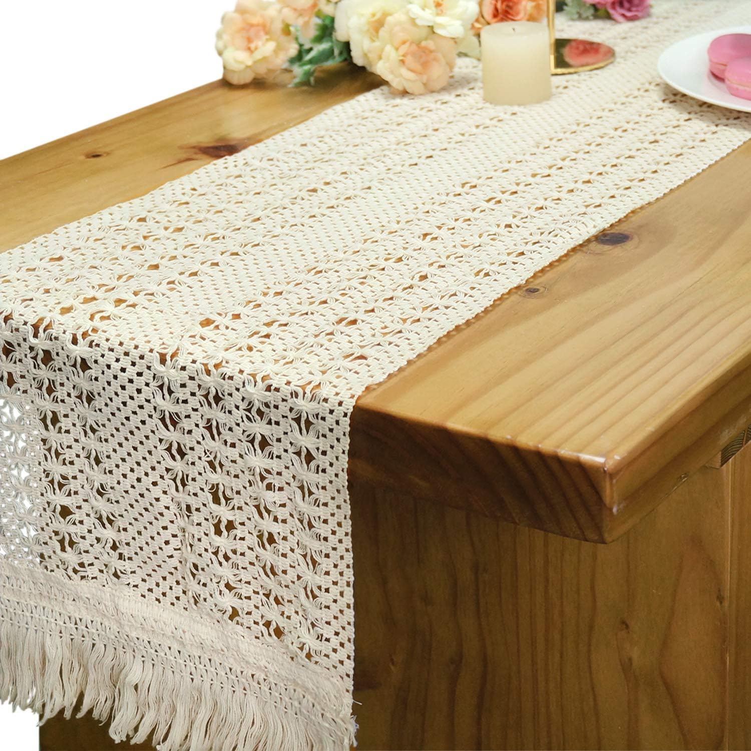 Letjolt Macrame Table Runner Boho Woven Fabric Table Runner with Tassels Crochet Lace Wedding Birthday Bridal Shower