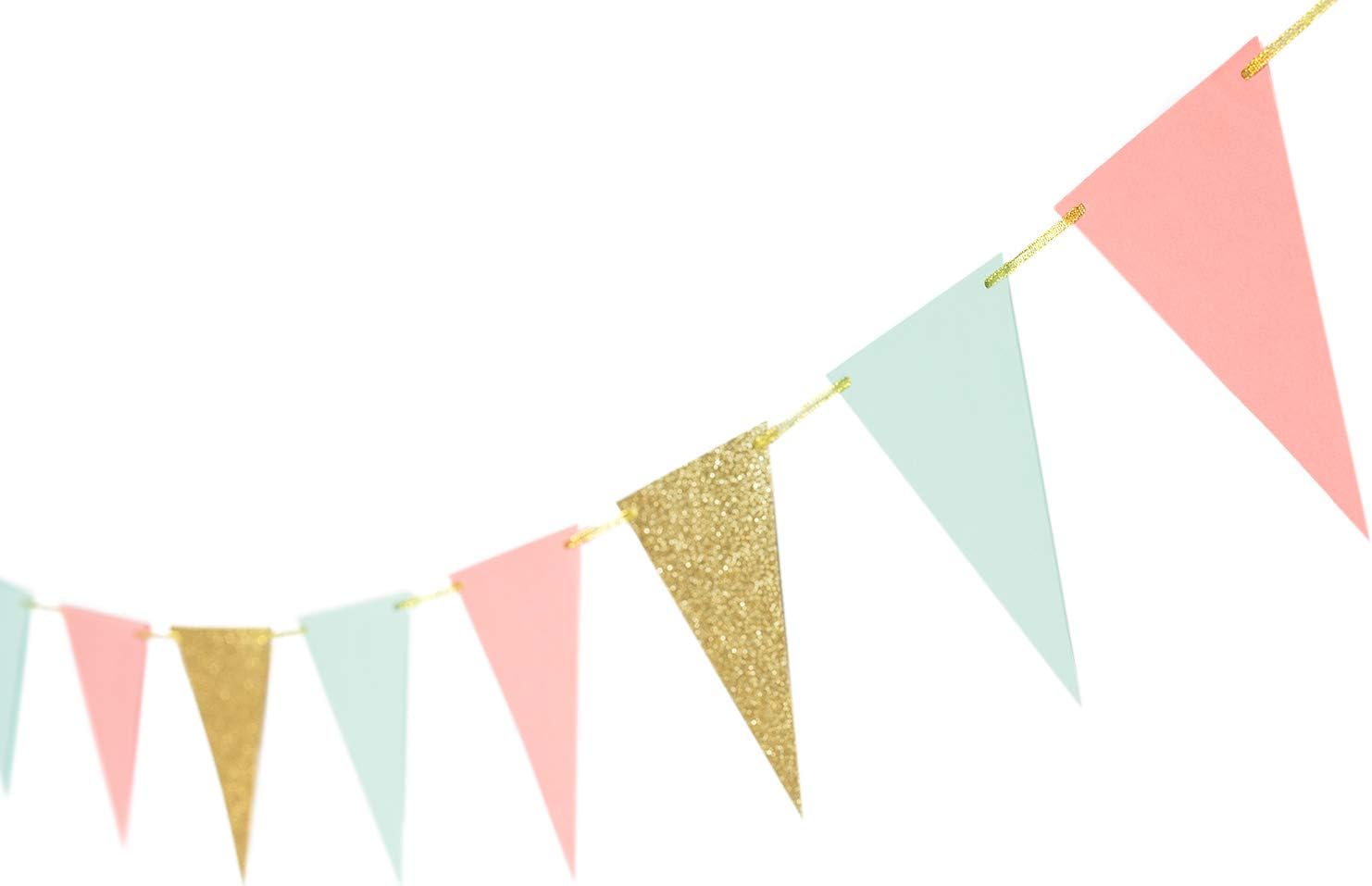 Glitter Gold Mint Coral Party Banner Decoration Anniversary Graduation Supplies Paper Garland Pennant for Baby Shower Birthday Party Nursery Anniversary Decorations 10 Feet 15 Pcs (Gold Coral Mint)