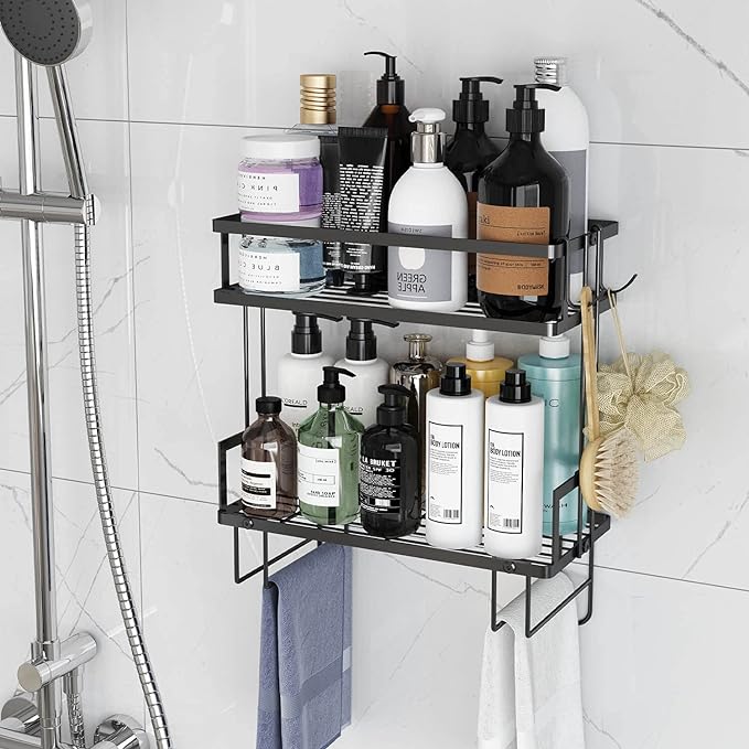 Godboat Bathroom Organizer, 2-Tier Bathroom Storage, Upgrade Over The Toilet Storage, Bathroom Shelves with 2 Hooks, Cool Floating Shelves & Bathroom Accessories, Gifts for Women and Men (White)