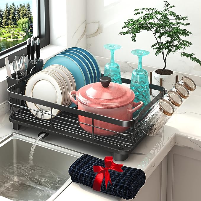 Godboat Dish Drying Rack, Valentines Day Decor, Dish Rack with Drainboard, Dish Racks for Kitchen Counter with Knife and Fork Holder, 360 Swivel Spout, Valentines Day Gifts, Cool Kitchen Gadgets