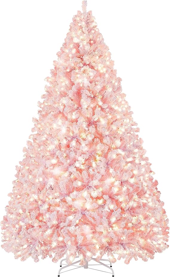 Yaheetech 9ft Pre-lit Artificial Christmas Tree with Incandescent Warm White Lights, Snow Flocked Full Prelighted Xmas Tree with 2084 Branch Tips, 900 Incandescent Lights & Foldable Stand, Pink