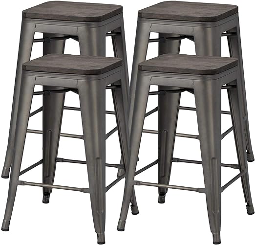 Yaheetech 24inch Metal Bar Stools Counter Height Barstools High Backless Industrial Stackable Metal Chairs with Wood Seat/Top Indoor/Outdoor Set of 4, Gun Metal