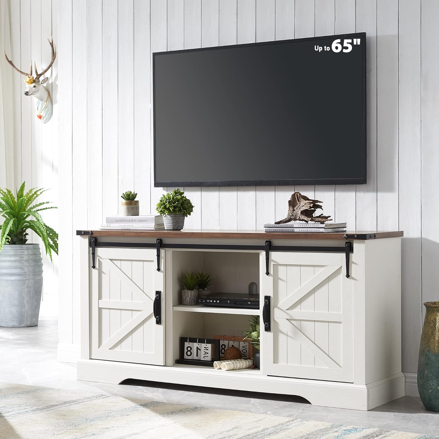 OKD TV Stand for 65  Inch TV, Modern Farmhouse Entertainment Center with Sliding Barn Door, Wood Rustic Media Console Cabinet with Adjustable Shelf for Living Room, Antique White