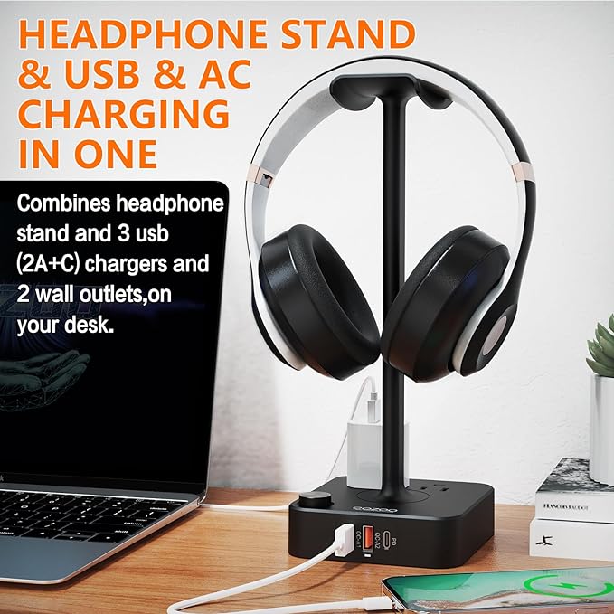 cozoo Headphone Stand with USB Charger Desktop Gaming Headset Holder Hanger with 3 USB Charger and 2 Outlets - Suitable for Gaming, DJ, Wireless Earphone Display,Gaming Desk Accessories,Gifts for Him