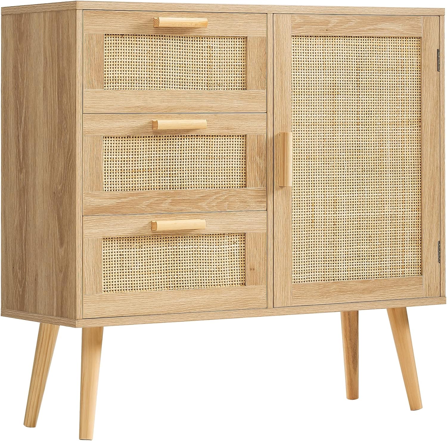 Iwell Storage Cabinet with Rattan Door & 3 Drawers, Rattan Cabinet with Adjustable Shelf, Bathroom Cabinet, Accent Cabinet for Living Room, Dining Room, Entryway, Natural