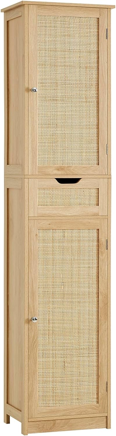 Iwell Tall Bathroom Cabinet with Doors, Rattan Storage Cabinet with Adjustable Shelves, Freestanding Narrow Linen Cabinet for Living Room, Entryway, Kitchen, Home Office, Natural