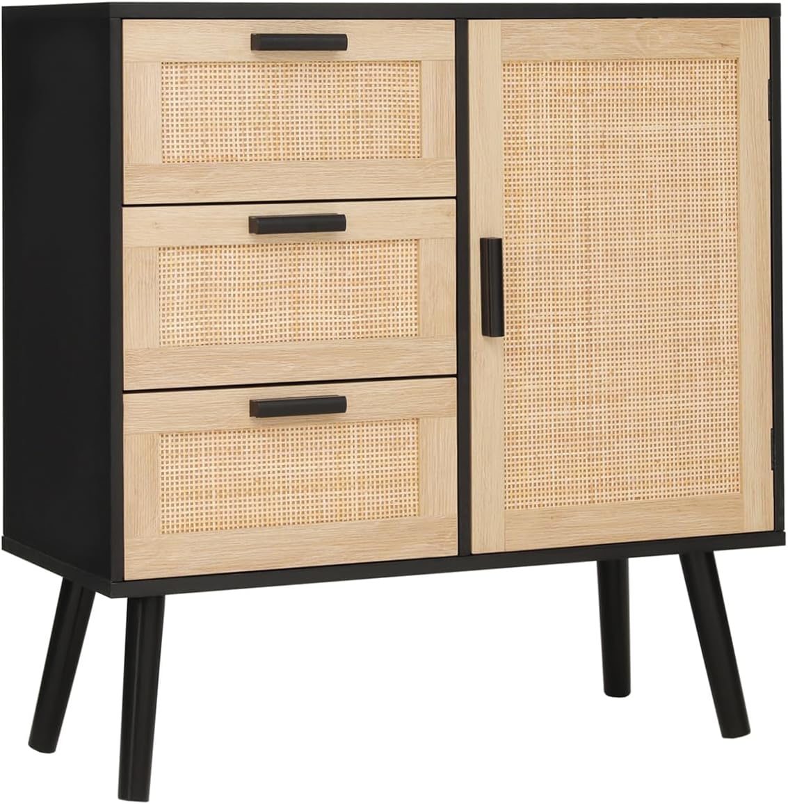 Iwell Storage Cabinet with Rattan Door & 3 Drawers, Rattan Cabinet with Adjustable Shelf, Buffet Cabinet for Living Room, Entryway, Dining Room, Bedroom, Black