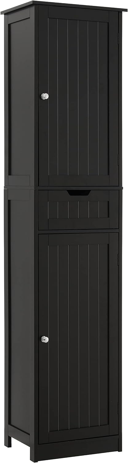 Iwell Tall Bathroom Cabinet with 2 Doors & 1 Drawer, Narrow Floor Storage Cabinet with Adjustable Shelves for Living Room, Bedroom, Black