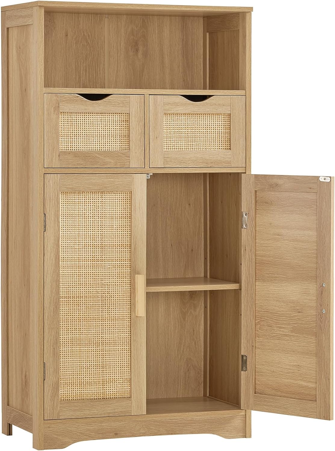 Iwell Large Storage Cabinet, Bathroom Cabinet with 2 Rattan Doors, Cupboard, Bathroom Floor Cabinet for Living Room, Home Office, Nature