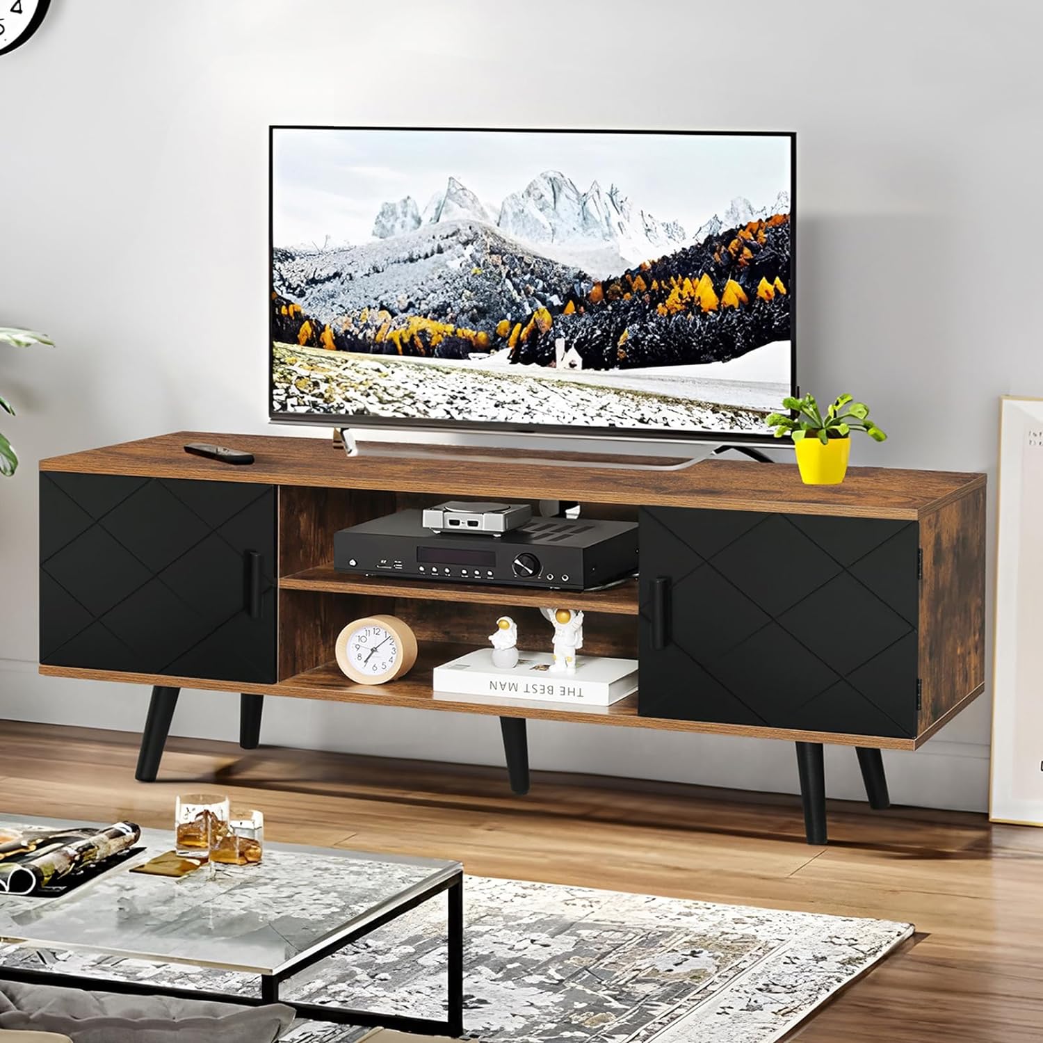 Iwell TV Stand for 55 inch TV, Entertainment Center with Storage Cabinets & Open Shelf, TV Console, Mid Century Modern TV Stand for Living Room/Bedroom, Black