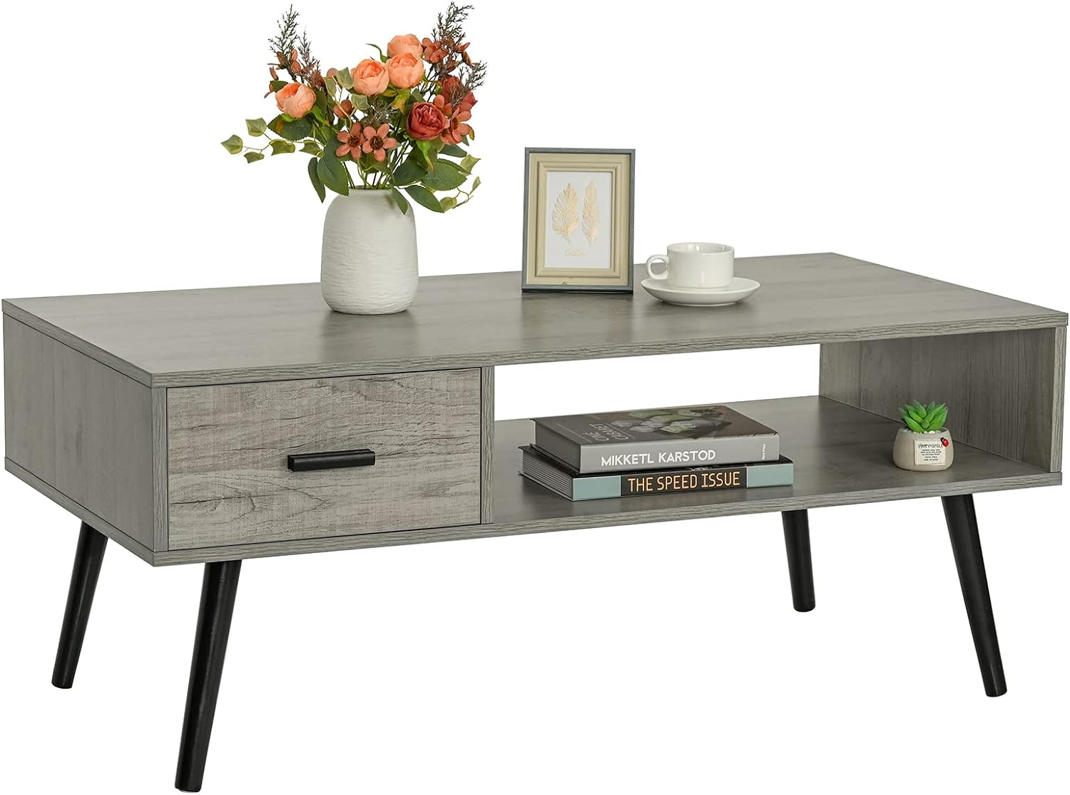 Iwell Coffee Table with Drawer and Storage Shelf for Living Room, Cocktail Table, Accent TV Table for Reception Room/Office, Easy to Assemble, Gray