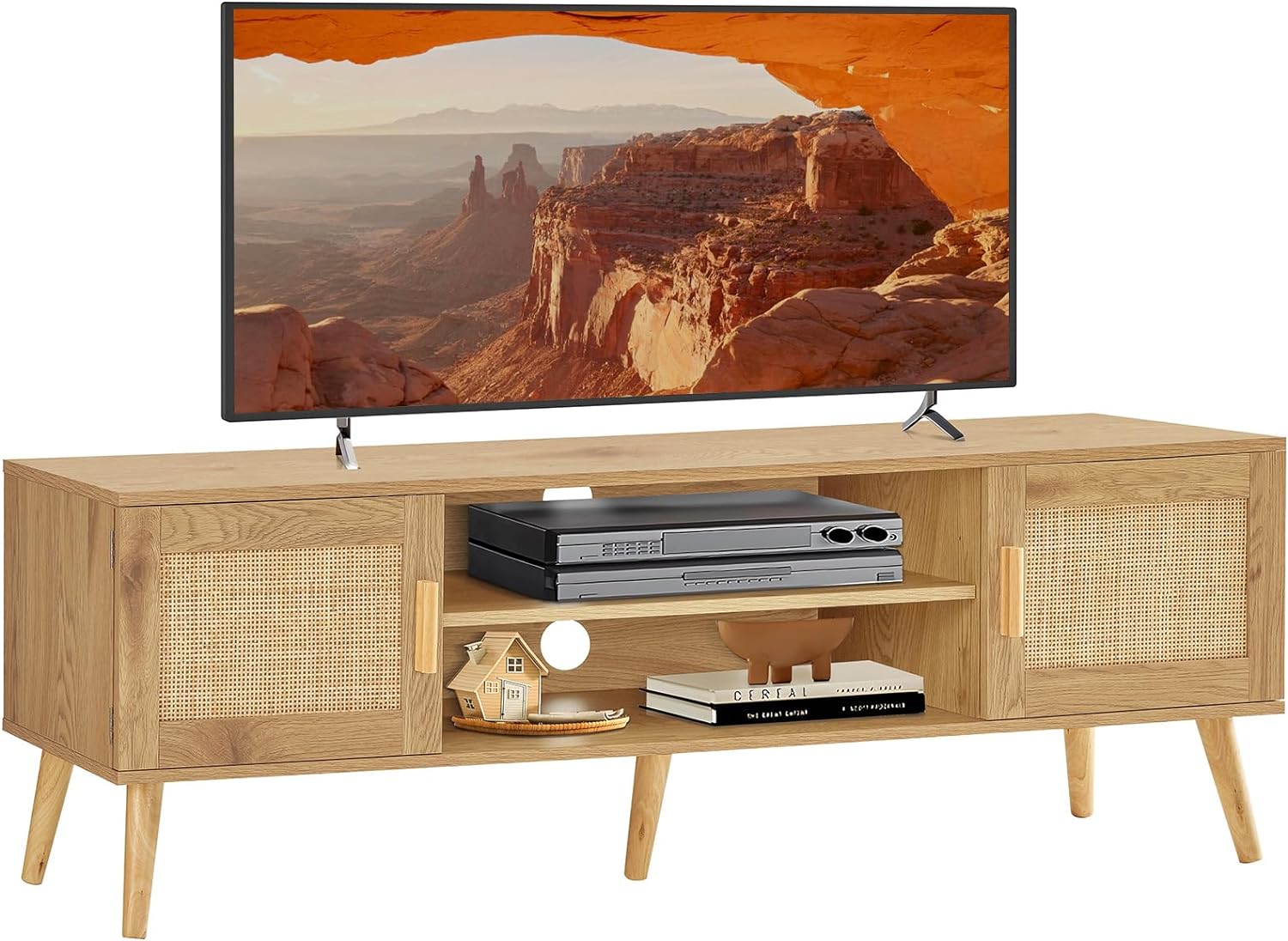 Iwell Rattan TV Stand for 55 Inch TV, Entertainment Center with 2 Cabinets & Shelf, Rattan TV Console, Media Console for Living Room, Natural