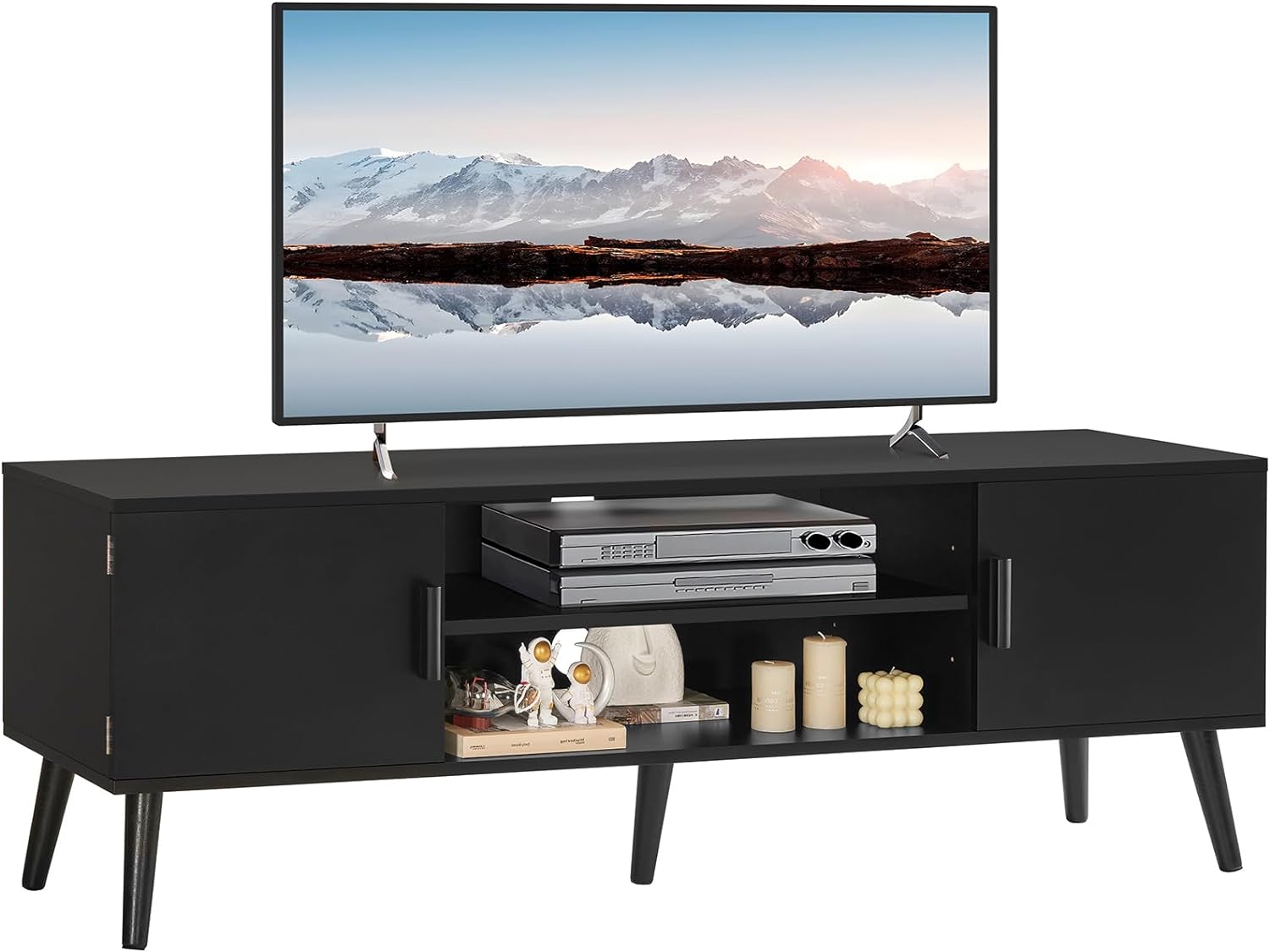 Iwell TV Stand for 55 inch TV, Entertainment Center with Storage and Open Shelves, Mid Century TV Stand, TV Console Table for Living Room, Bedroom, Black