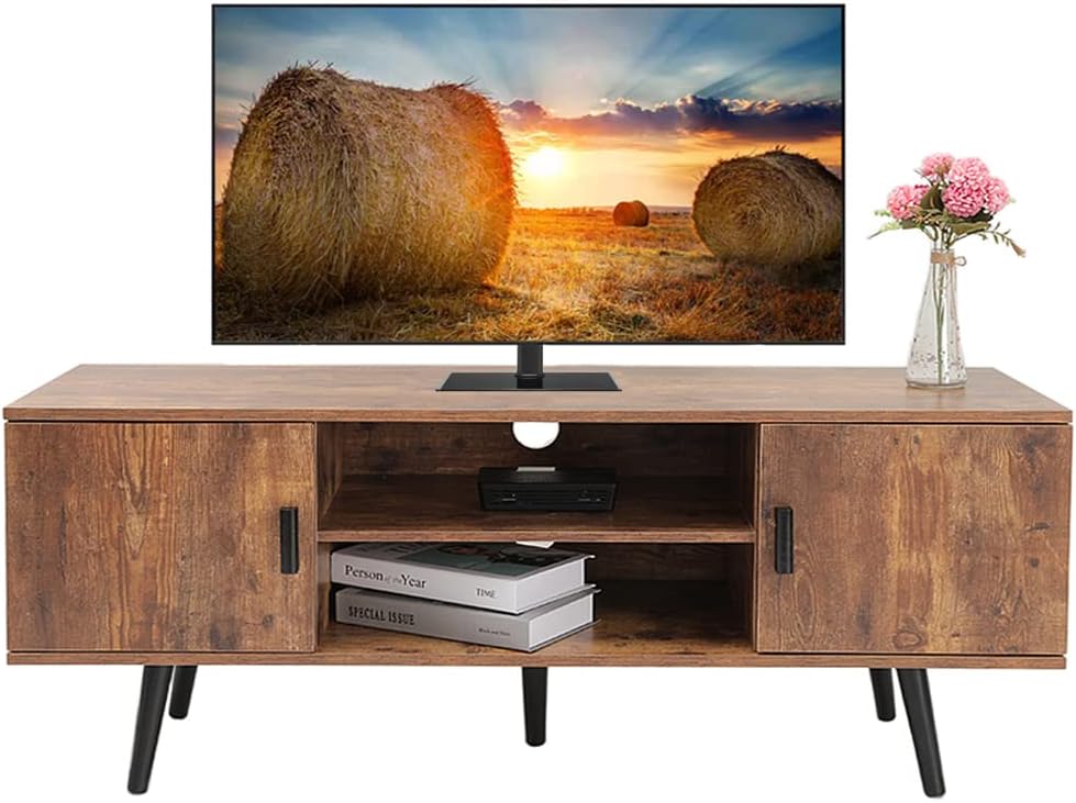 Iwell TV Stand for 55 Inch TV, TV Console with 2 Storage Cabinet and Shelves, TV Stands for Living Room/Bedroom, Rustic Brown