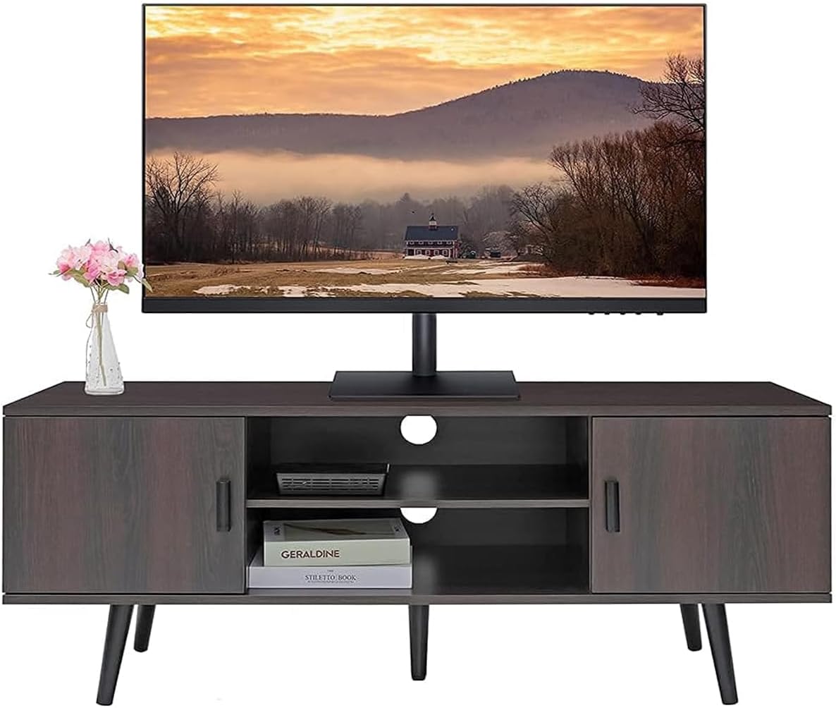 Iwell TV Stand for 55 inch TV, Mid Century Modern TV Stand with Storage, Entertainment Center with 2 Cabinet & 2 Shelves, Retro TV Console Table for Living Room, Bedroom, Black Oak