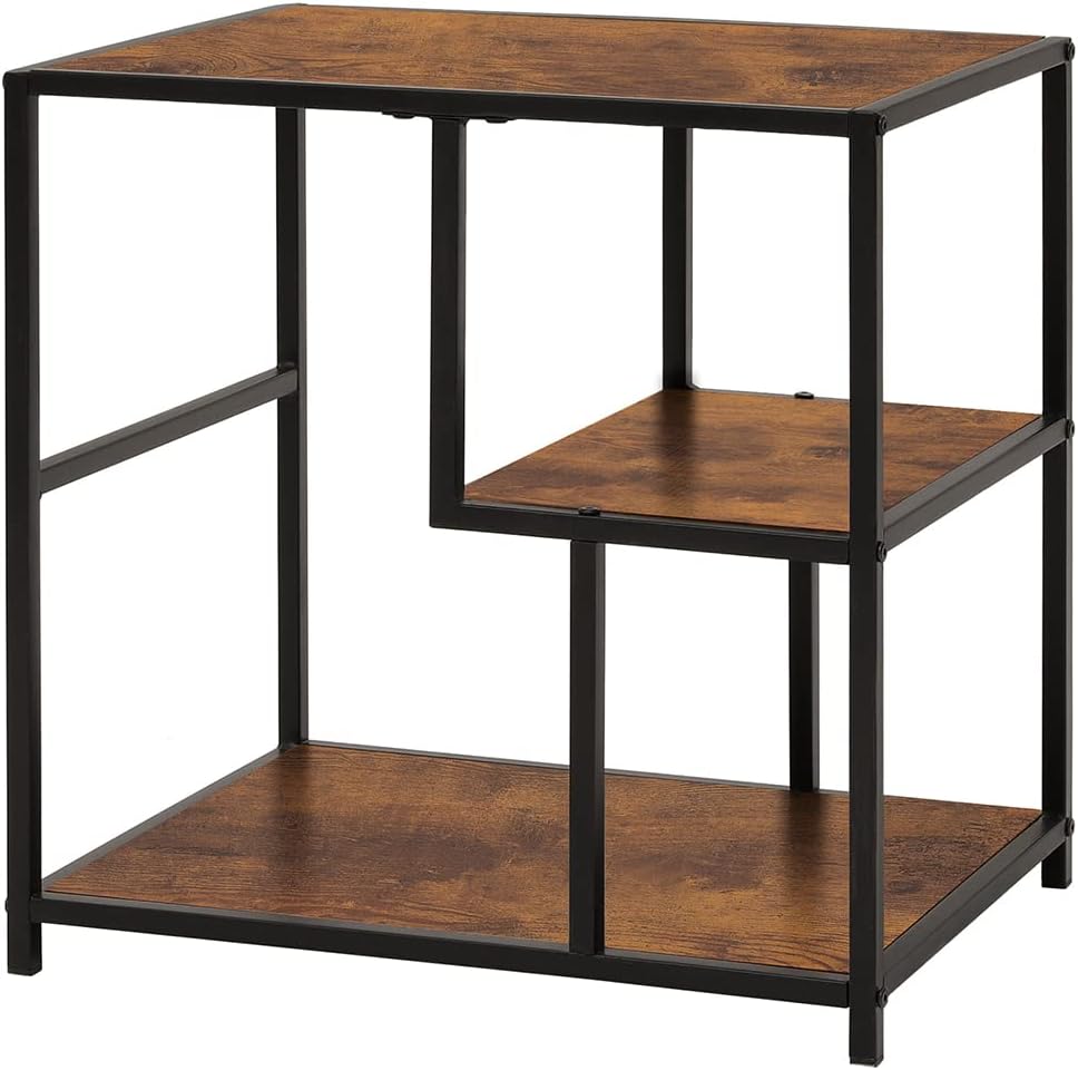 Iwell Large Side Table, 3 Tier End Table with Storage Shelves, Industrial Nightstand, Bedside Table for Bedroom, Small Space, Rustic Brown