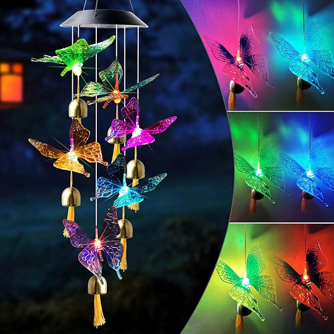 Solar Butterfly Gifts Women Butterfly Wind Chimes Gift for Grandma Garden Outdoor Lights Mom Butterfly Wind Chimes Gift for Mother Butterfly Xmas Gifts for Women Wind Chimes Party Decor