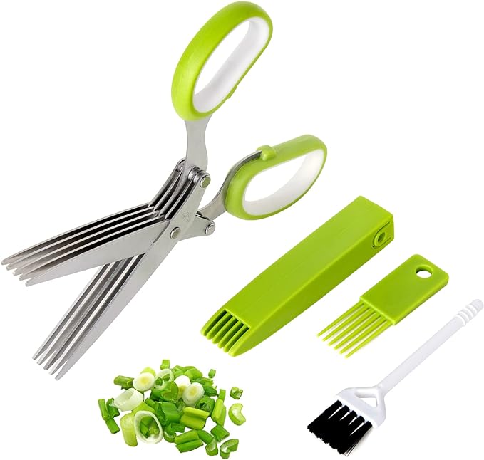 Herb Cutter Scissors 5 Blade Herb Scissors,Kitchen Salad Scissors with Safety Lid and Cleaning Brush for Chopping Kitchen Gadgets Chopping Chive, Vegetables, Salad,Collard Greens, Parsley, Rosemary