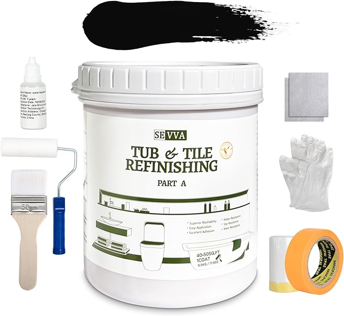 Tile Paint, Tub and Tile Refinishing Kit with Tools, 0.5kg/17.6Oz Black,Tub Sink Tile Refinishing DIY Bathtub Refacing Paint Water Based & Odorless, Easy to Use Sink Coating Paint for Bathroom