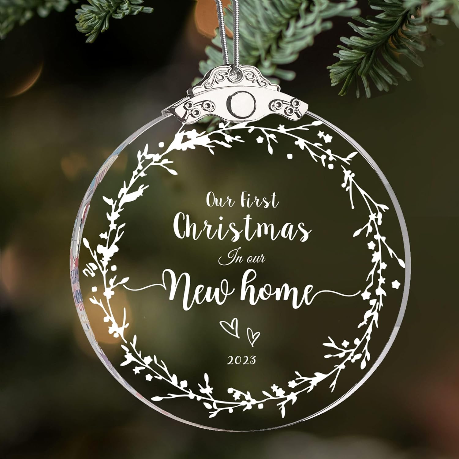 Glass First Christmas 2023 Wedding Gifts Decoration Ornaments New Home 3 Gift Newlywed Holiday Keepsake Gifts (3' Glass Wreath Our First Christmas New Home)