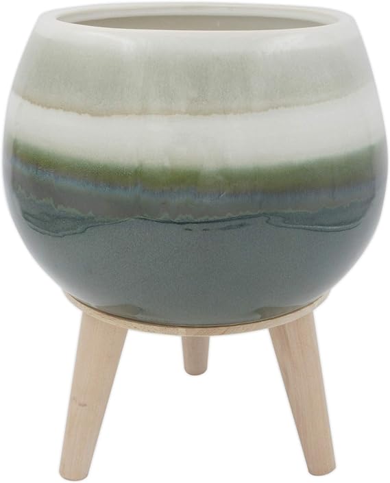 Amazon Brand  Rivet Mid-Century Stoneware Planter with Wood Stand, 11.02H, Green Ombre