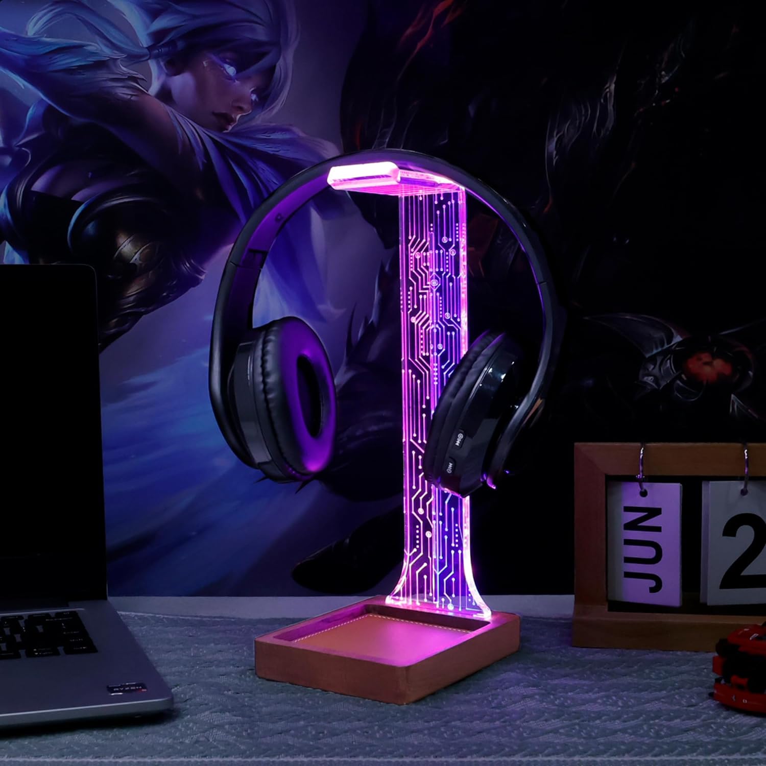 YuanDian Headphone Stand, Wood Headset Holder with Tray Blue Pink LED Night Light for Gamers, Men, and Music Lovers - Perfect Desk Gift Idea