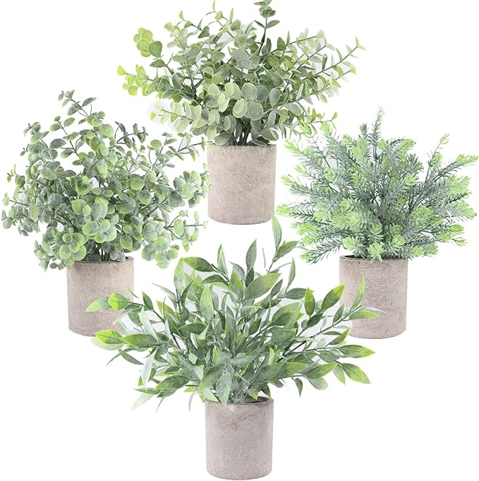 Zuvas 4 Pack Fake Plants Mini Potted Artificial Plants Faux Plants Indoor Plastic Eucalyptus Greenery in Pots, Herbs Plants Decor for Home Bathroom Office Farmhouse Desk Shelf Centerpiece Decoration