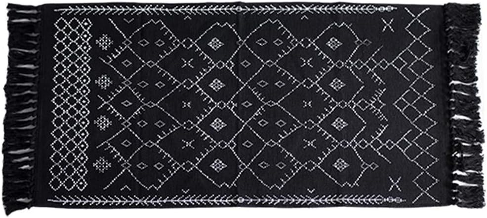 UKELER Decorative Geometric Kilim Rug Cotton Printed Area Rugs Modern Hand Woven Rag Rug with Tassels Durable Accent Door Mat Throw Rug for Kitchen Laundry Room Bedroom, 23.6 x 51.2, Abstract Black