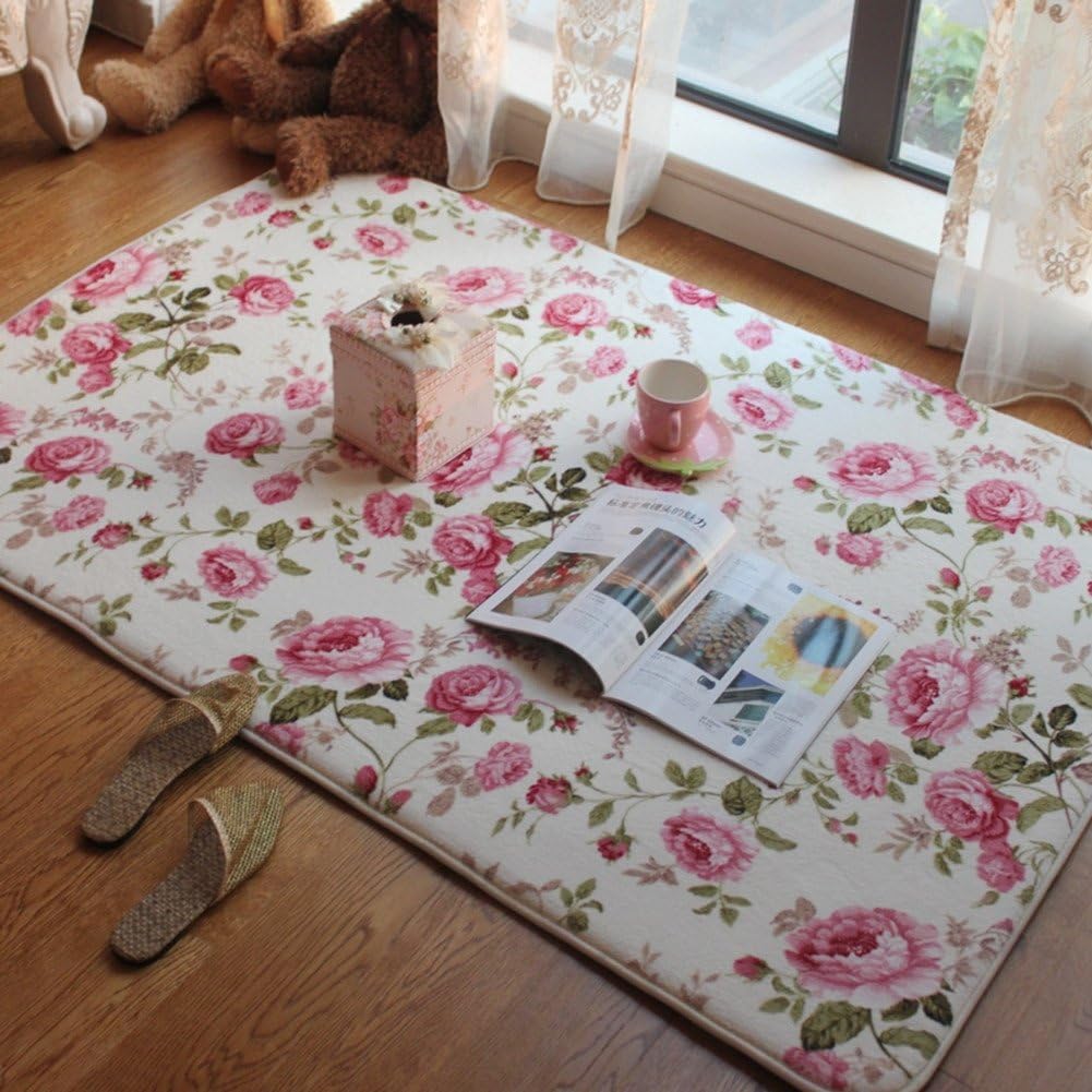 Ukeler Romantic American Country Style Floral Rugs Pink Rose Print Carpets for Living Room