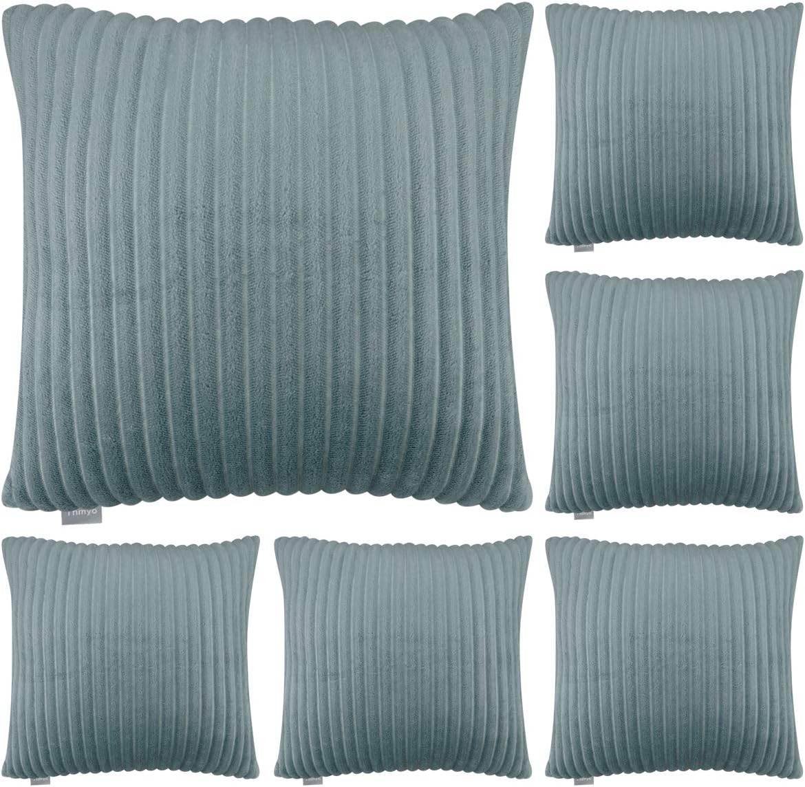 6 Pack Soft Flannel Decor Pillow Case,Solid Striped Square Throw Cushion Cover for Home Decorative(Cover Only,No Insert) (Smoke Blue, 18x18 inch/ 45x45cm)