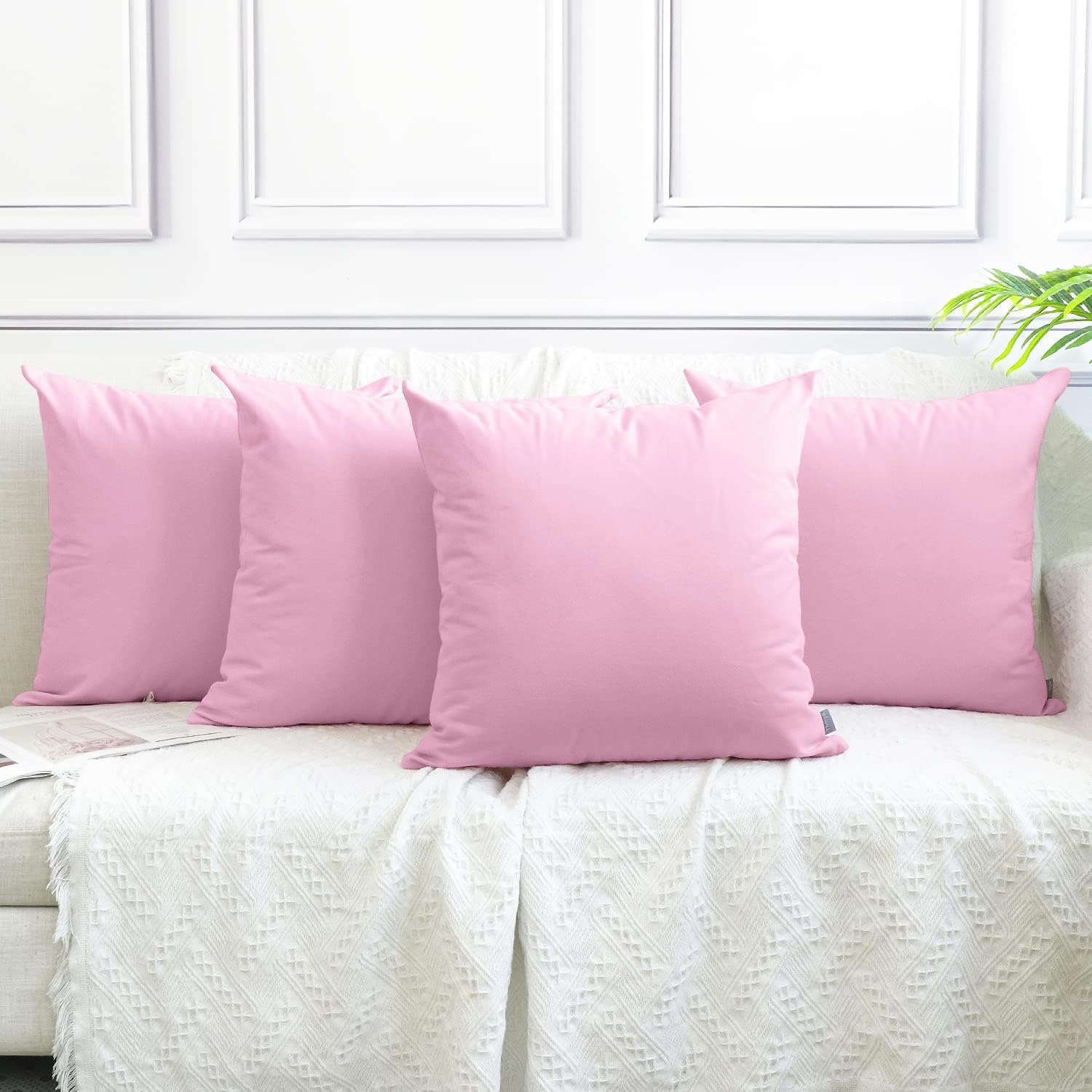 Pack of 4 Cotton Pillow Covers,Decorative Solid Square Throw Pillow Case for Home Sofa Decorative (Cover Only,No Insert)(16x16 inch/ 40x40cm,Pink)