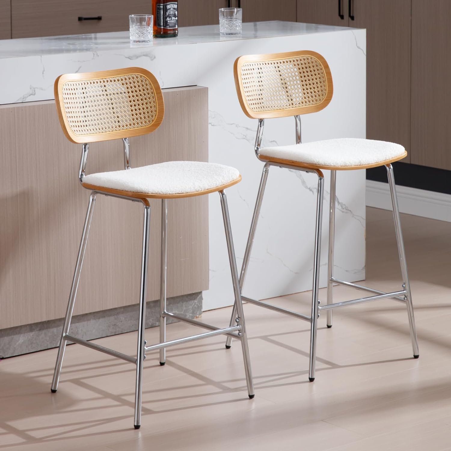 Ya-Home Bar Stool Sherpa Fabric Bar Stool with Open Rattan Backrest Metal Legs Armless Bar Stool