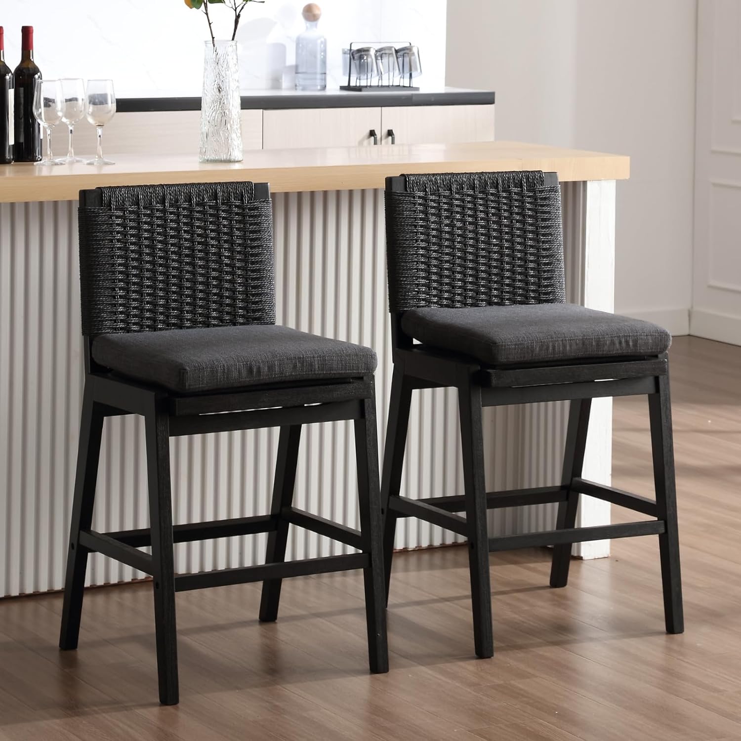 Ya-Home Carbon Black Bar Stool Stool Upholstered Linen Armless Bar Stool with Braided Rope Backrest Wooden Legs for Kitchen and Dining Room