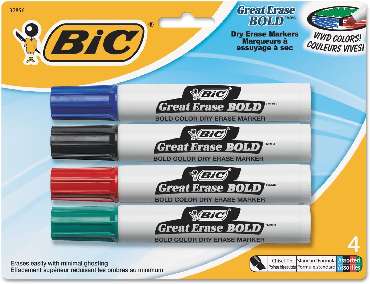 BIC Great Erase BOLD Dry Erase Marker, Tank Style, Chisel Tip, Assorted Colors, 4-Count