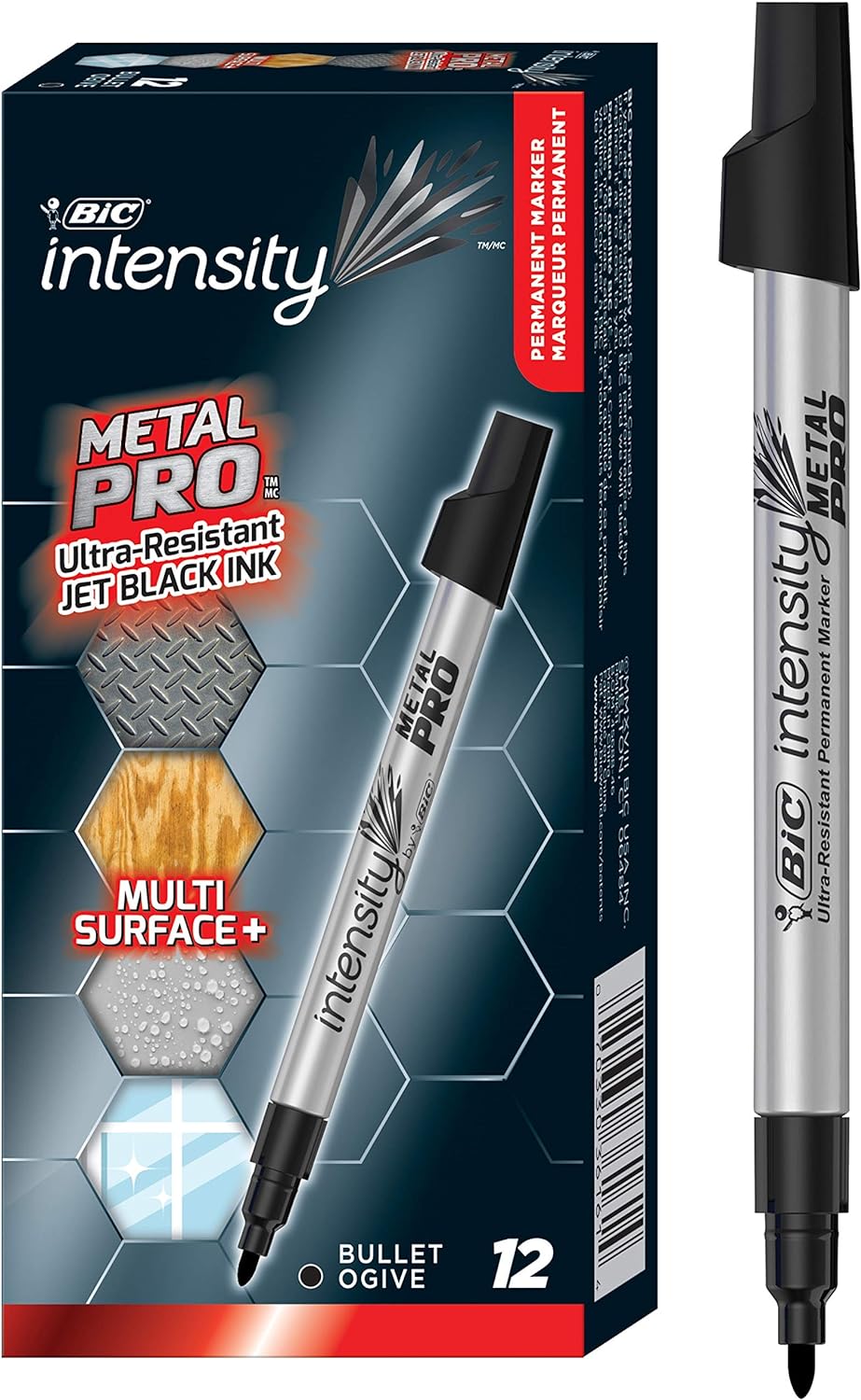 BIC Intensity Metal PRO Permanent Marker, Fine Point, Black, 12-Count, 6" x 2.8" x 1.6"