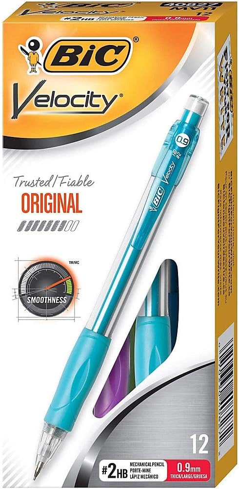 BIC Velocity Strong Lead Mechanical Pencils, With Colorful Barrel, Thick Point (0.9mm), 12-Count Pack Mechanical Pencils With Erasers