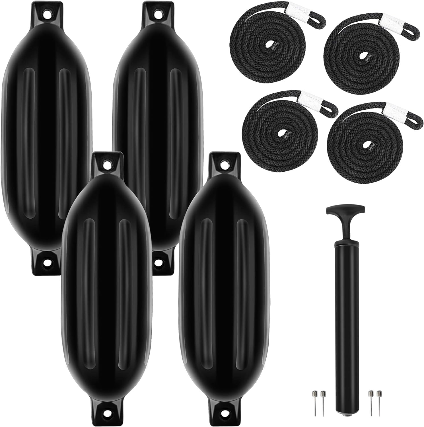 ZENY Boat Fenders 4 Pack Vinyl Ribbed Marine Boat Bumpers for Docking Twin Eyes Dock Shield Protection w/Boat Fender Line and Pump, 6.5x24 Larger Size