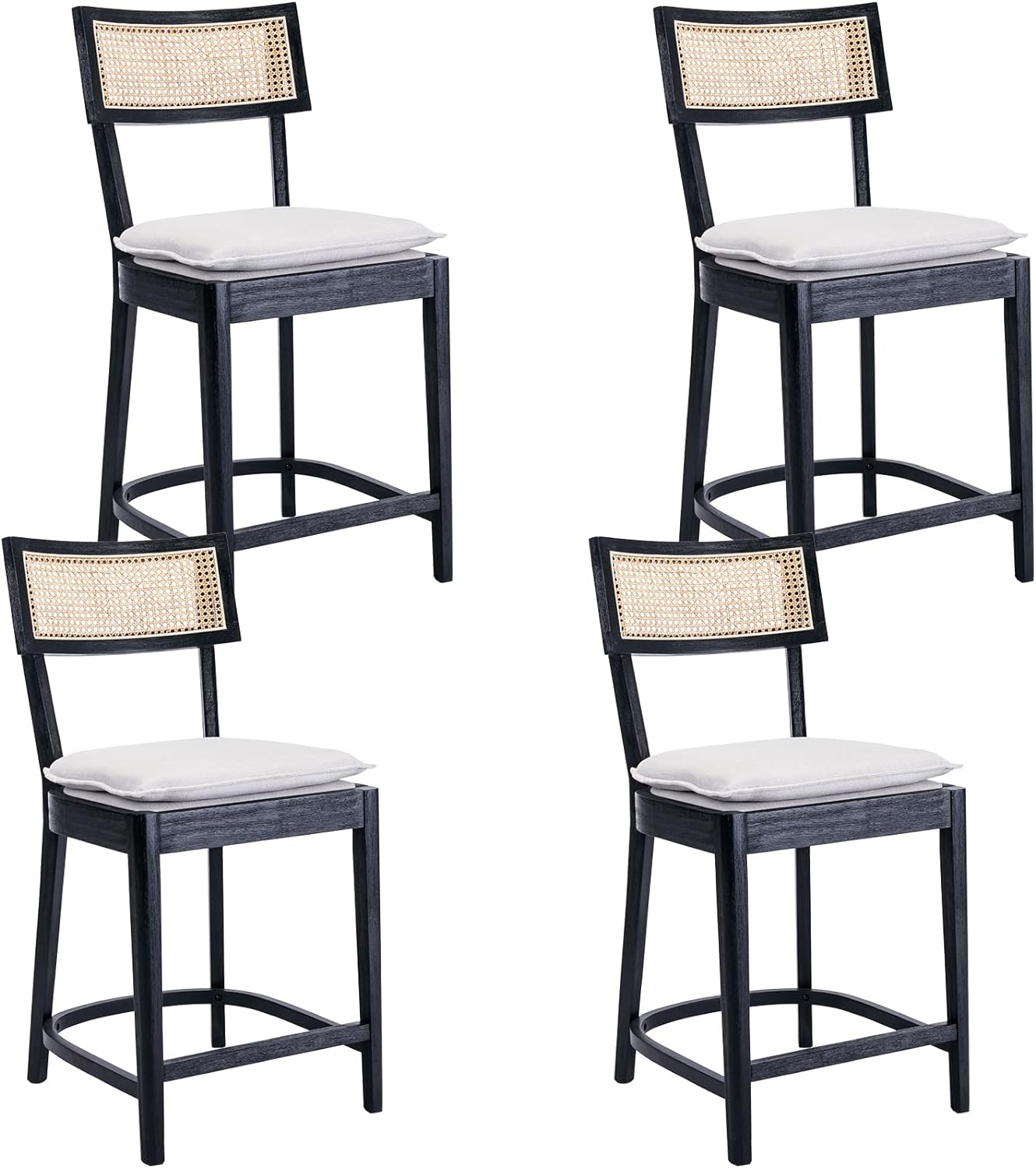 ZSARTS 26 Inch Rattan Counter Height Bar Stools Black French Country Bar Stools Set of 4 Comfy Wood Kitchen Island Chairs Farmhouse Stools with Rattan Back for Home Bar Pub B&B,Black