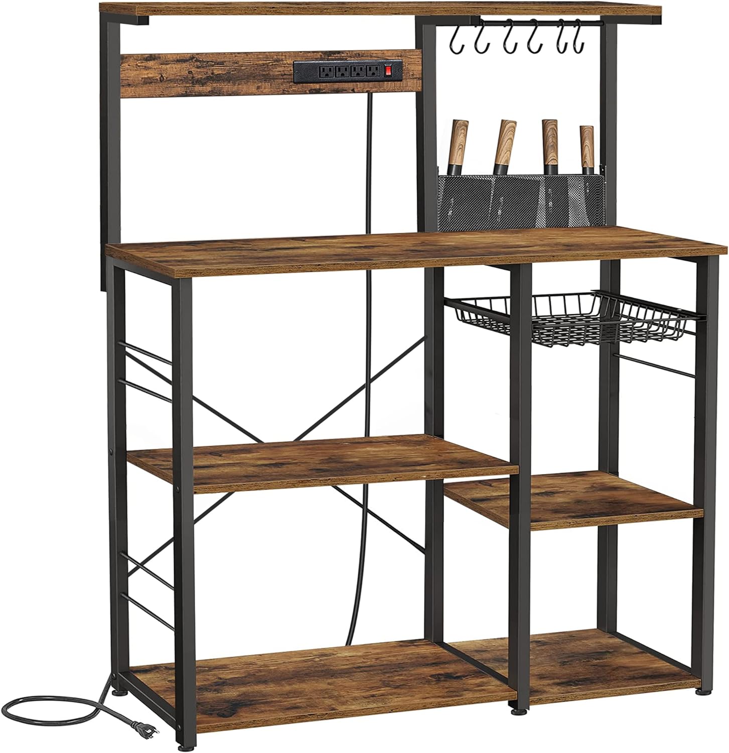 Kitchen Bakers Rack with Power Outlet, Coffee Bar with 4AC Outlets, Kitchen Storage Shelf with Knife Holder, Microwave Stand, 6 S-Hooks, Utility Storage for Spices, Pots, and Pans, Mugs BR01BB031