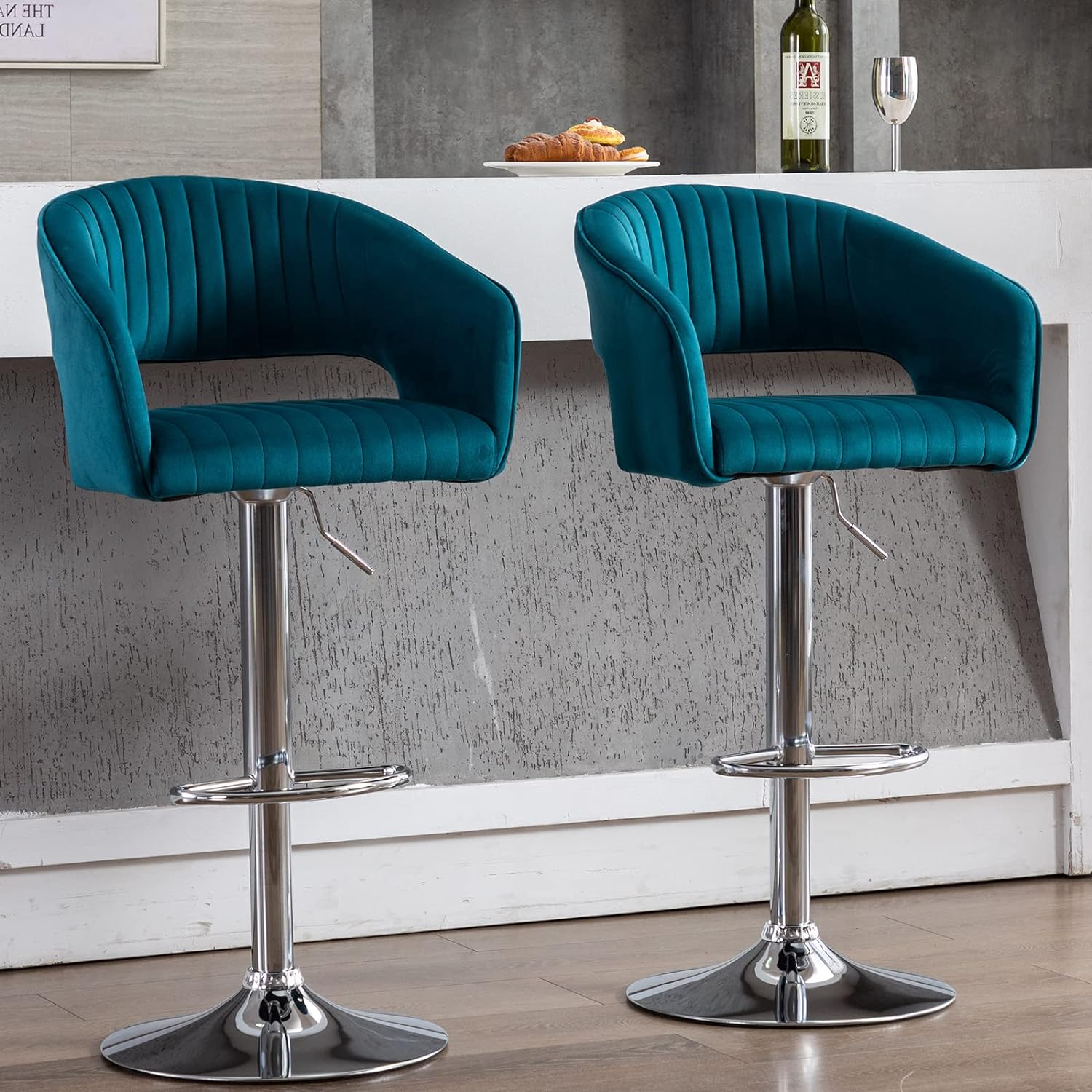 ZSARTS Velvet Swivel Barstools Set of 2, Upholstered Adjustable 24 Inch Counter Bar Stools with Back and Footrest, Comfy Dining Chairs for Pub Kitchen Island, Teal